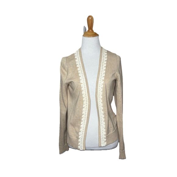 Banana Republic Crochet Knit Trim Oatmeal Heather Cropped Cardigan Sweater Med - Picture 1 of 6